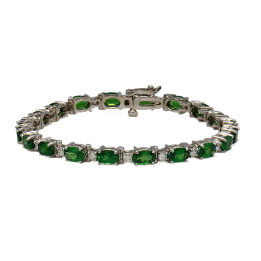 20=9.97 Carat Oval Tsavorite Garnet and 20=1.02 Carat Round Diamond Bracelet in 14K White Gold