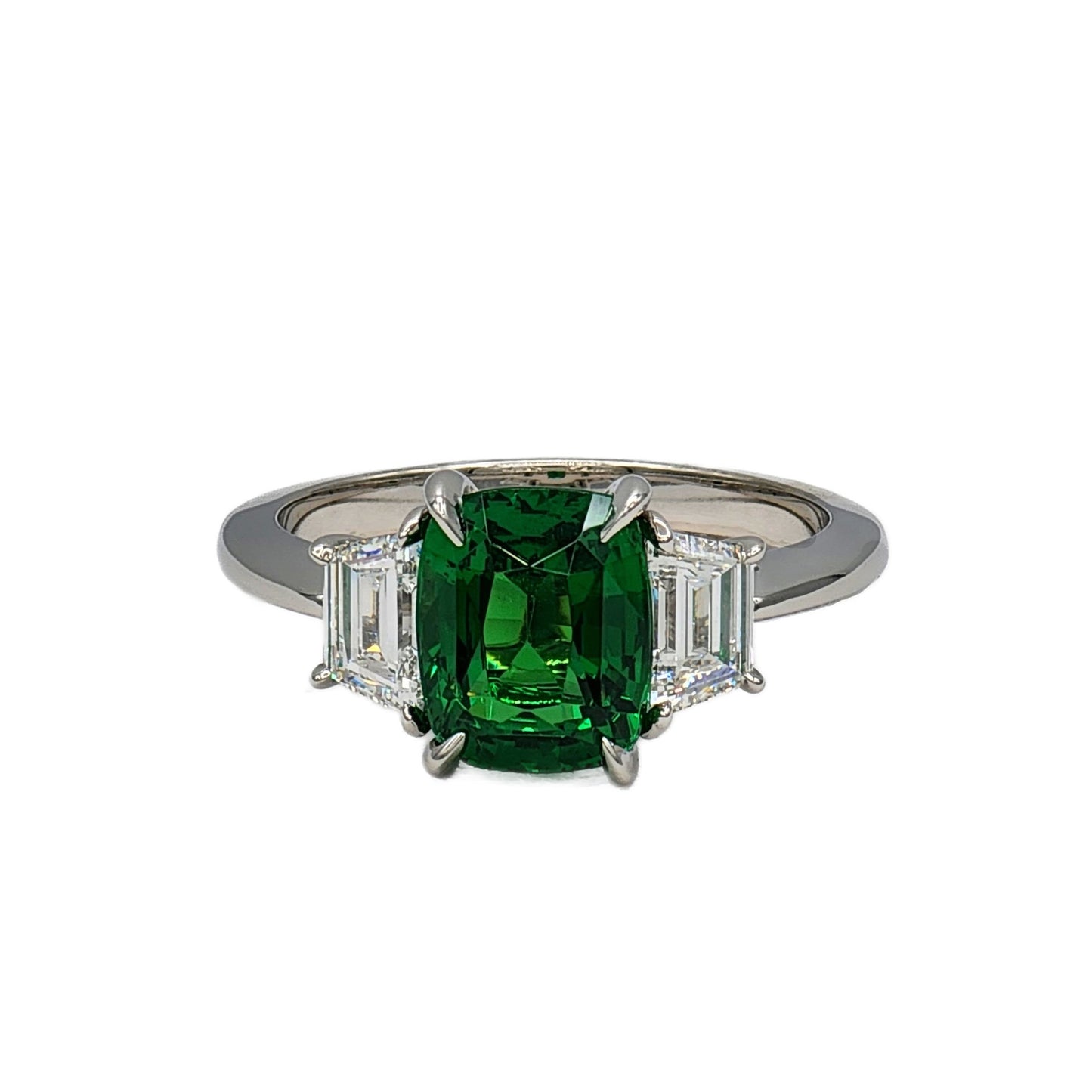 Platinum 3.01 Carat Cushion Cut Tsavorite Garnet and Diamond Ring