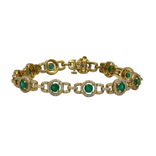 18K Yellow Gold Round Emerald and Diamond Bracelet
