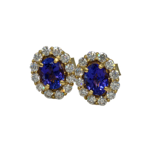 2=2.60 Carat Oval Tanzanite and 24=1.20 Carat Round Diamond Earrings in 18K Yellow Gold