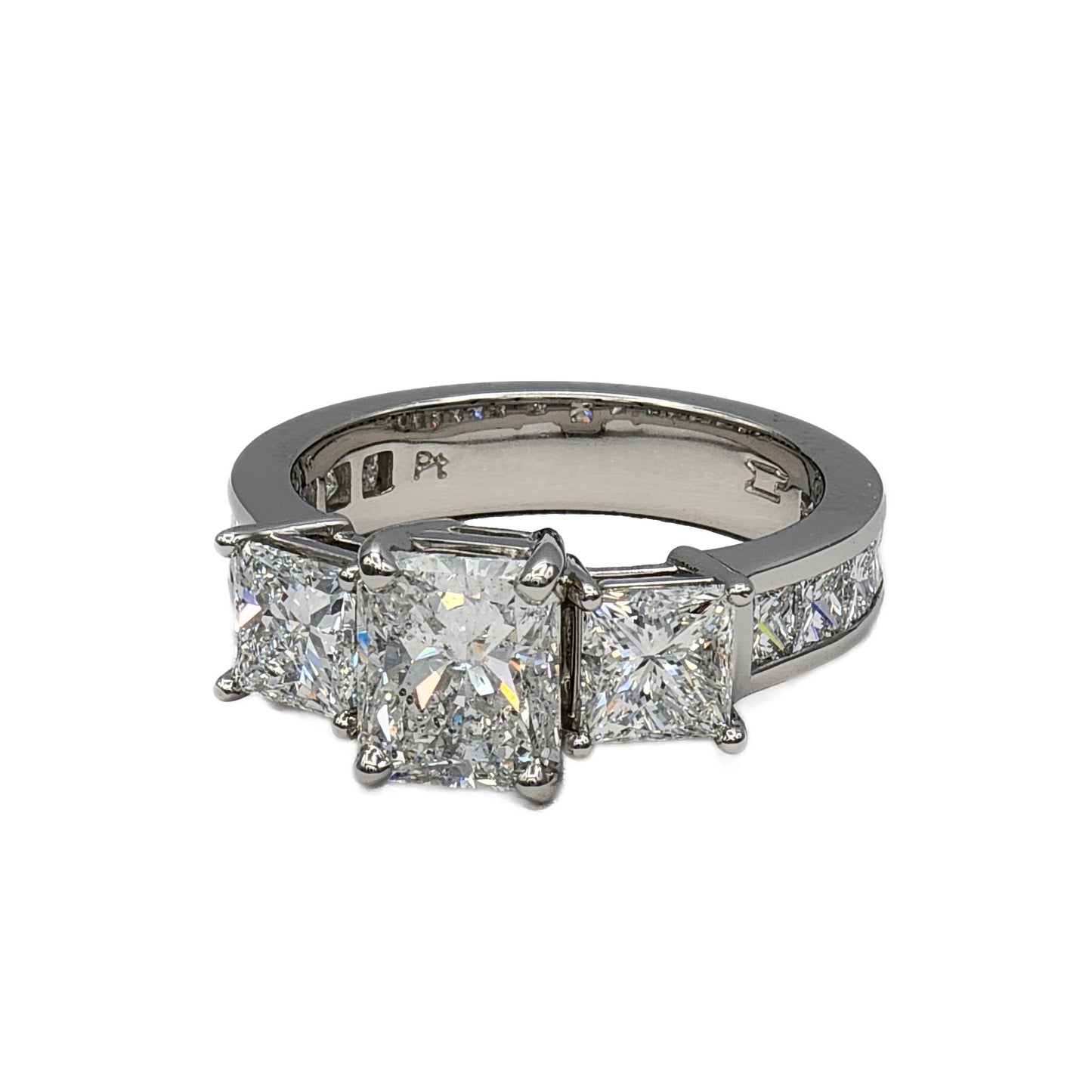 1.78 Carat F/I1 Radiant Cut Diamond and 14=2.67 Diamond Ring in Platinum, GIA Report
