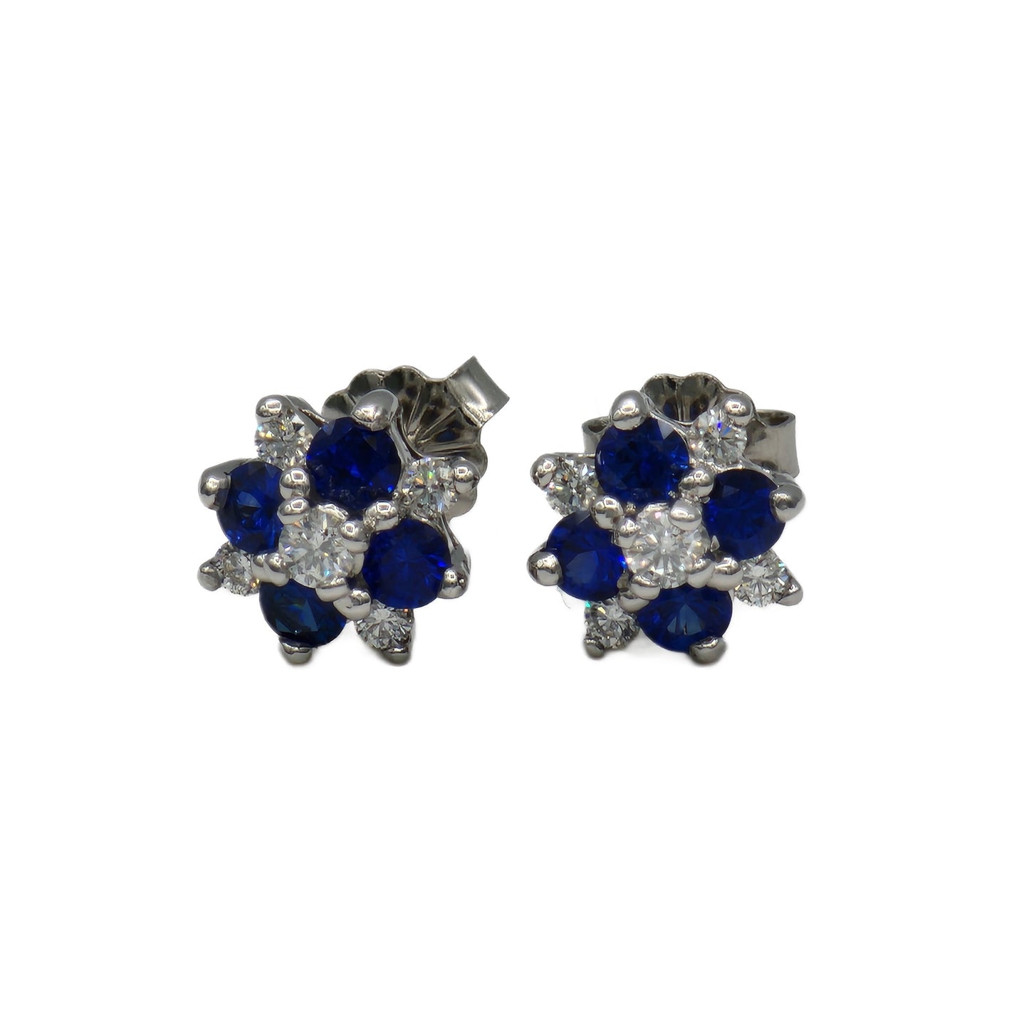 Blue Sapphire and Diamond Cluster Stud Earrings in 14K