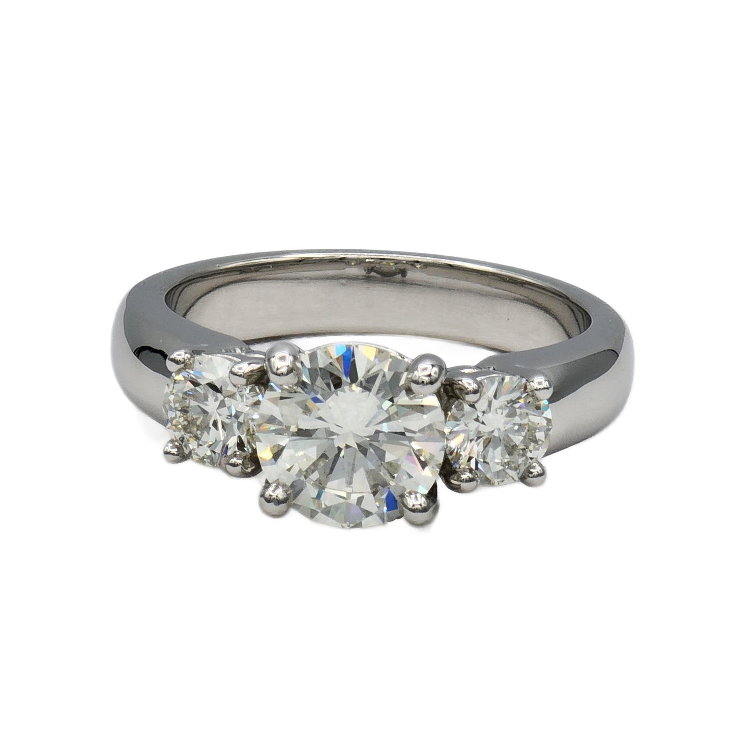 1.51 Carat J/VS2 Round Diamond and 2=0.70 Carat Round Diamond Ring in Platinum, GIA Report