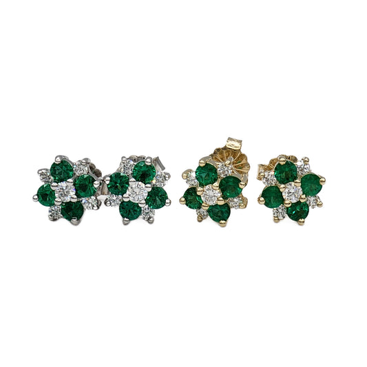 Emerald and Diamond Cluster Stud Earrings in 14K