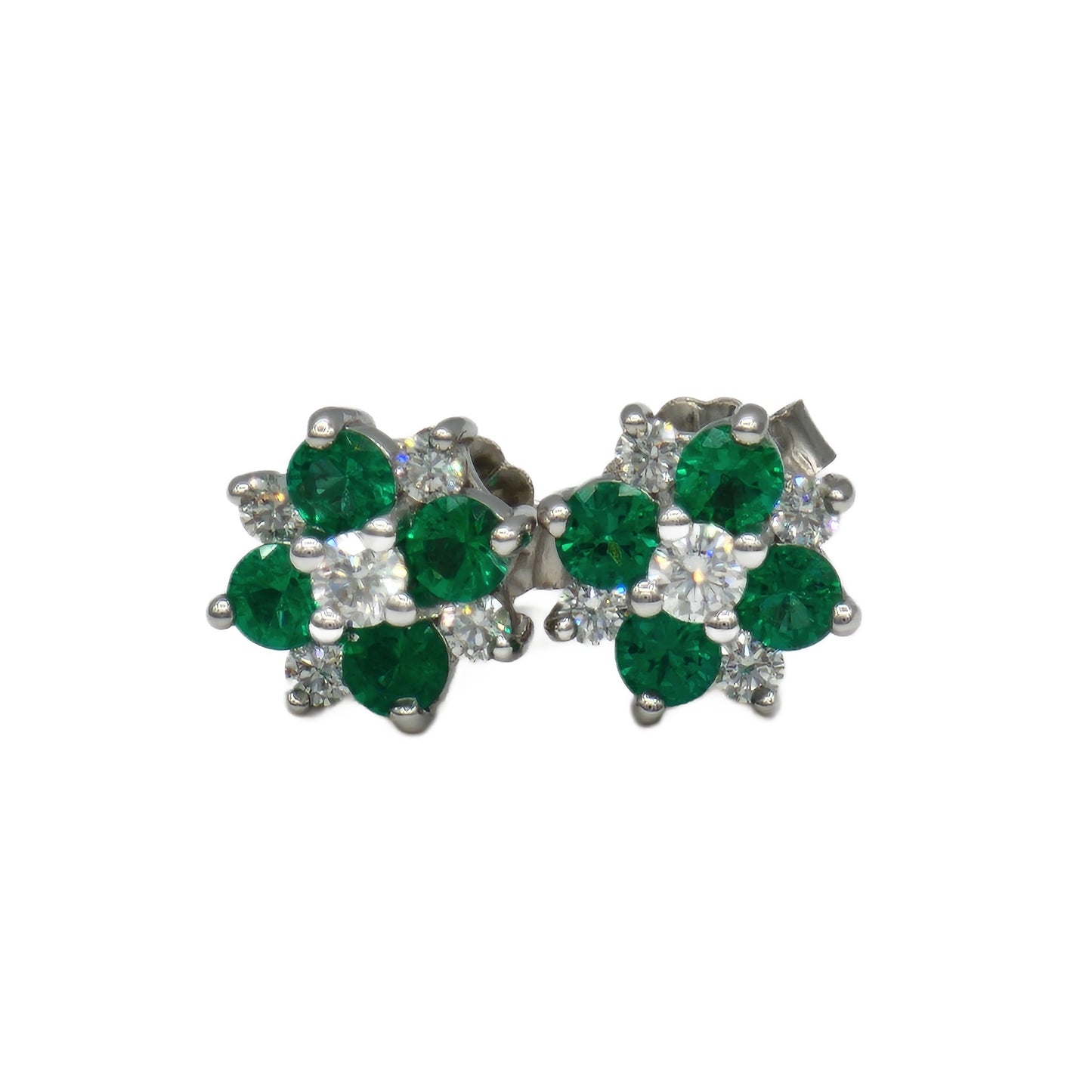 Emerald and Diamond Cluster Stud Earrings in 14K