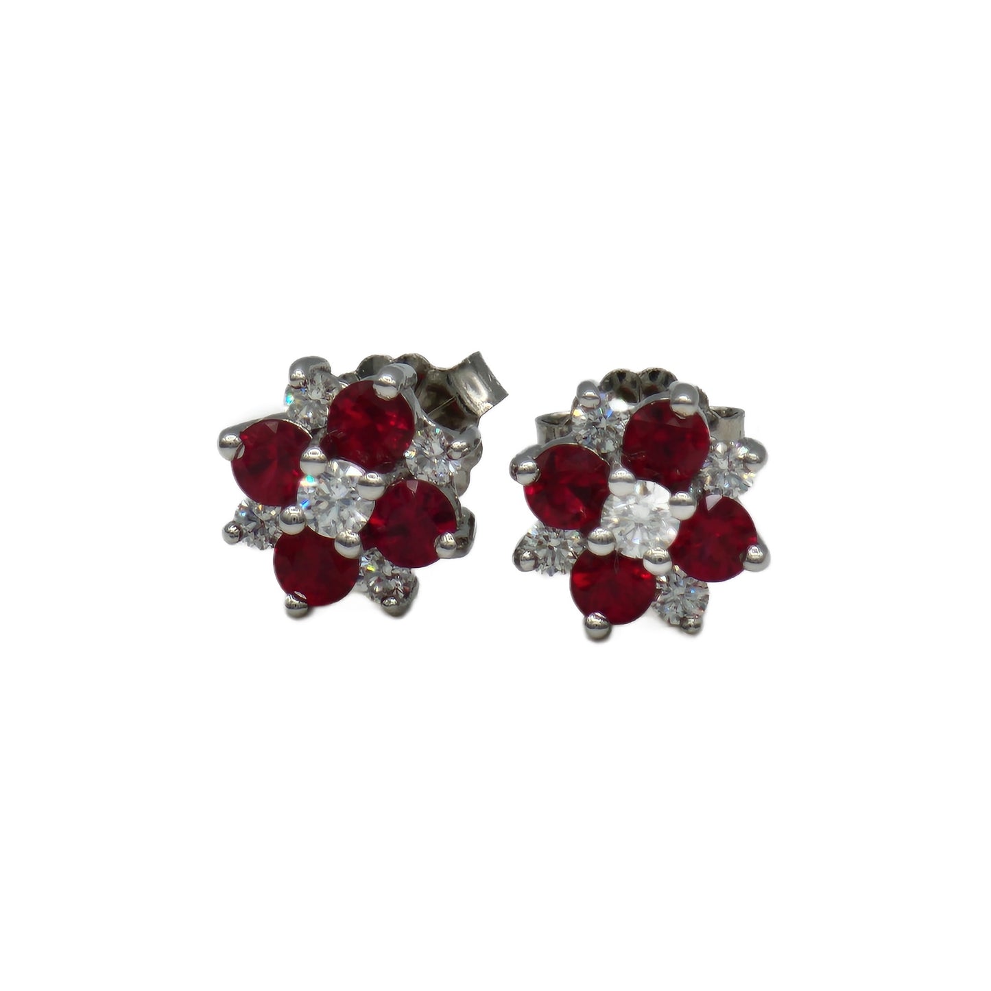 Ruby and Diamond Cluster Stud Earrings in 14K
