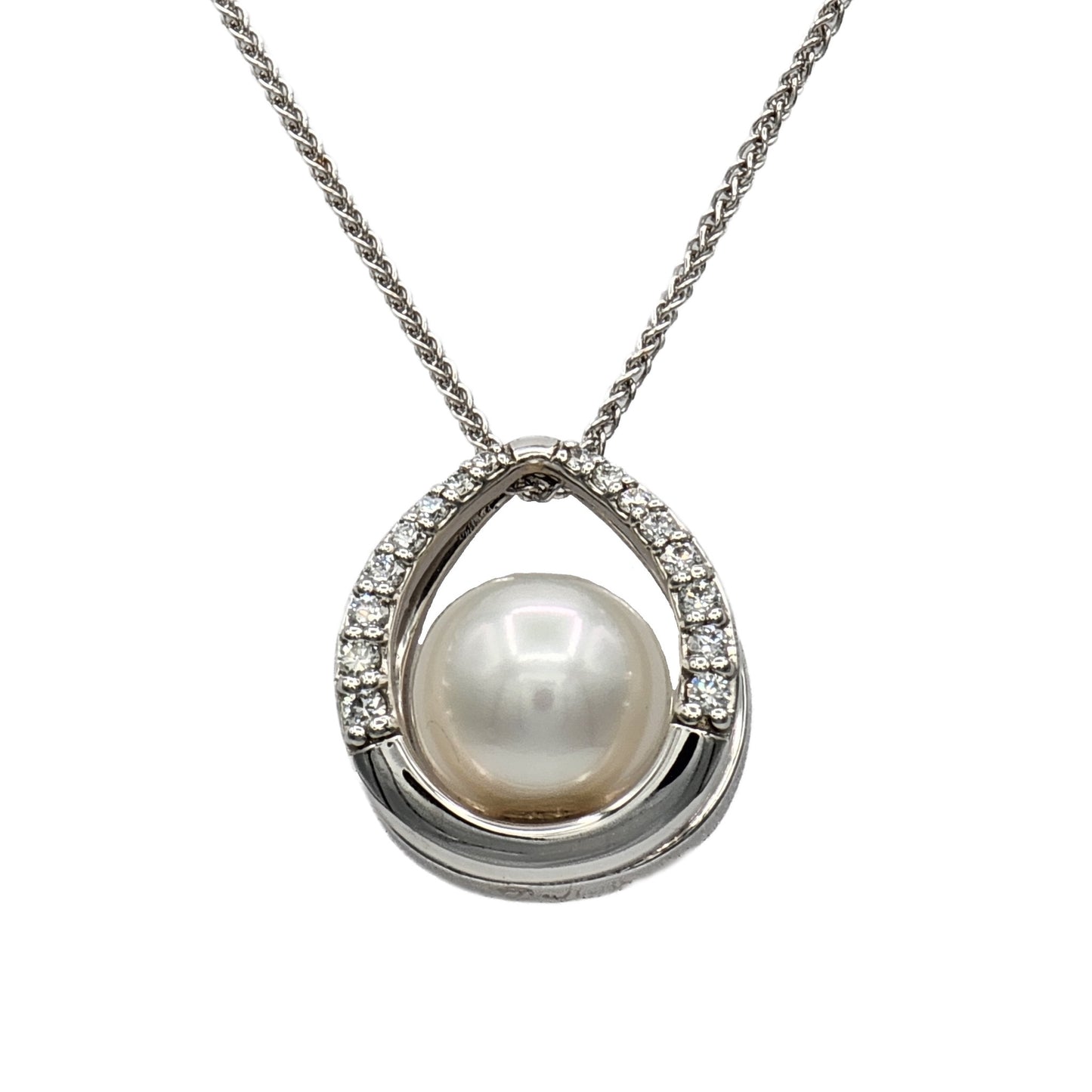 9.5MM Japanese Akoya Pearl and 16=0.18Ctw Round Diamond Pendant in 14K White Gold