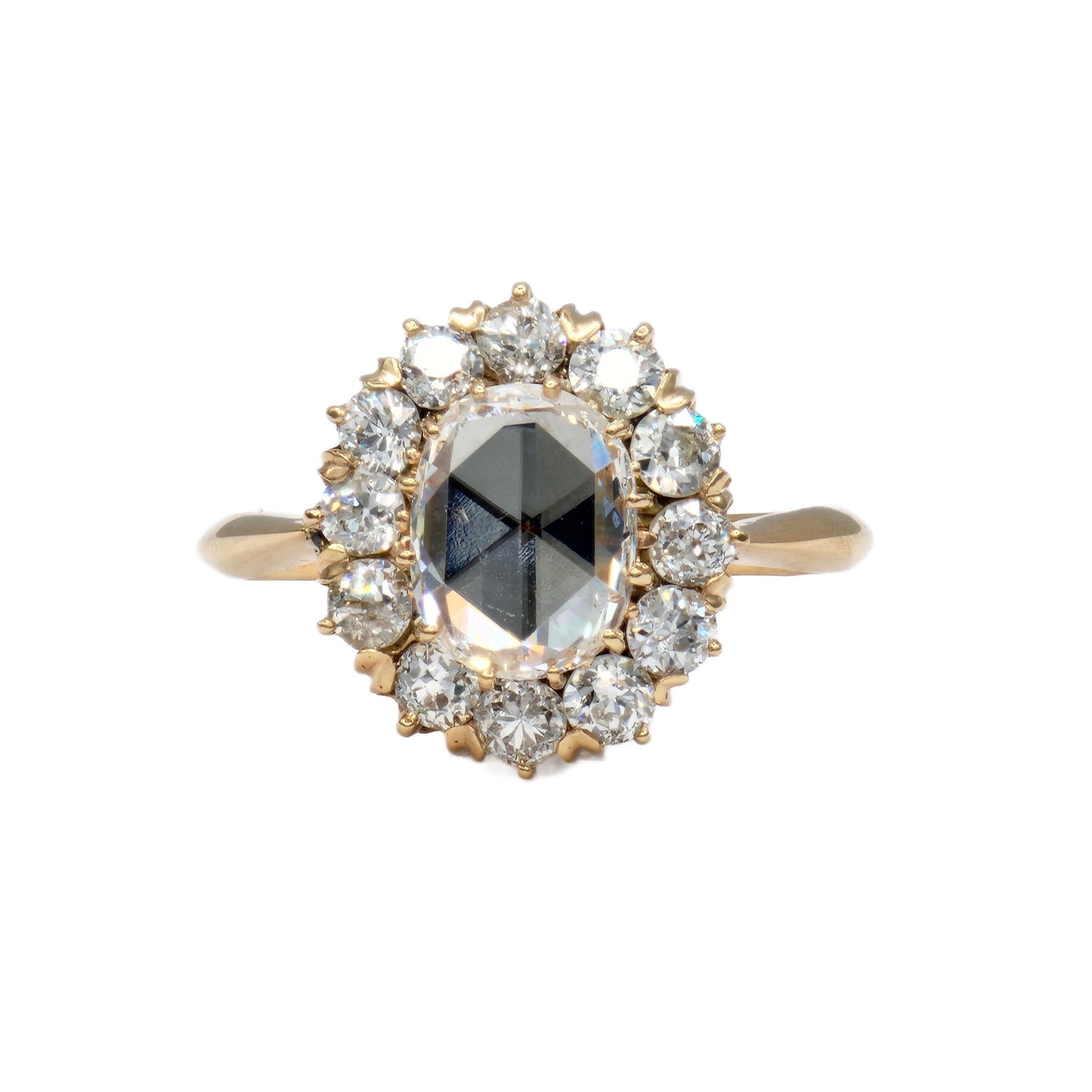 1.21 Carat Rose Cut Diamond and 12=0.90 European Cut Antique Diamond Ring in 18K