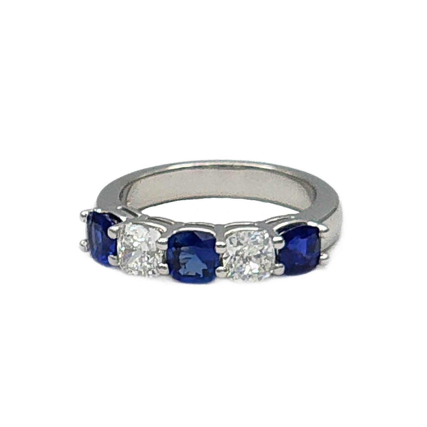 3=1.46 Carat Cushion Cut Blue Sapphire and 2=1.04 Carat Cushion Cut Diamond Ring in Platinum, GIA Reports