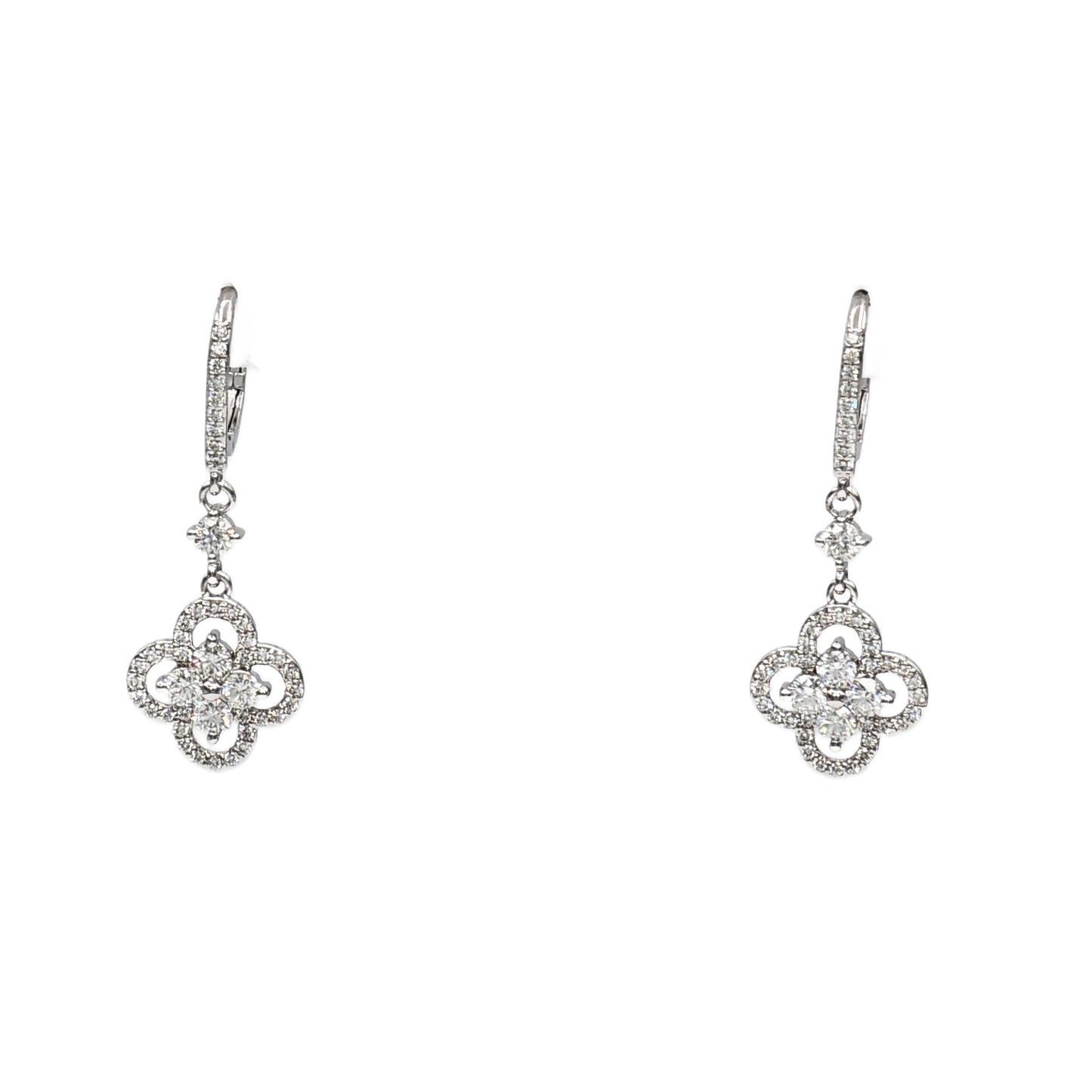 1.86 Carat Total Weight Round Diamond Dangle Earrings in 18K White Gold