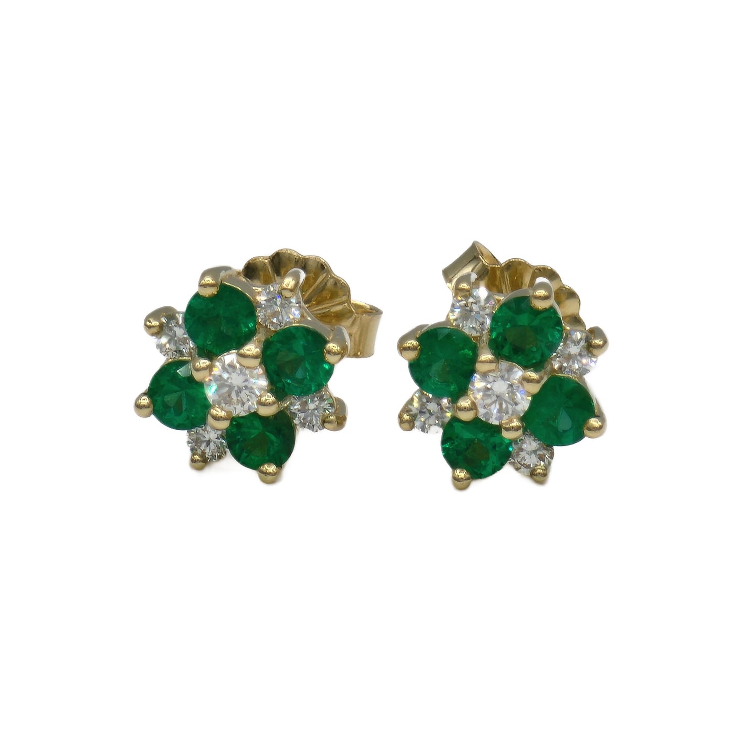 Emerald and Diamond Cluster Stud Earrings in 14K