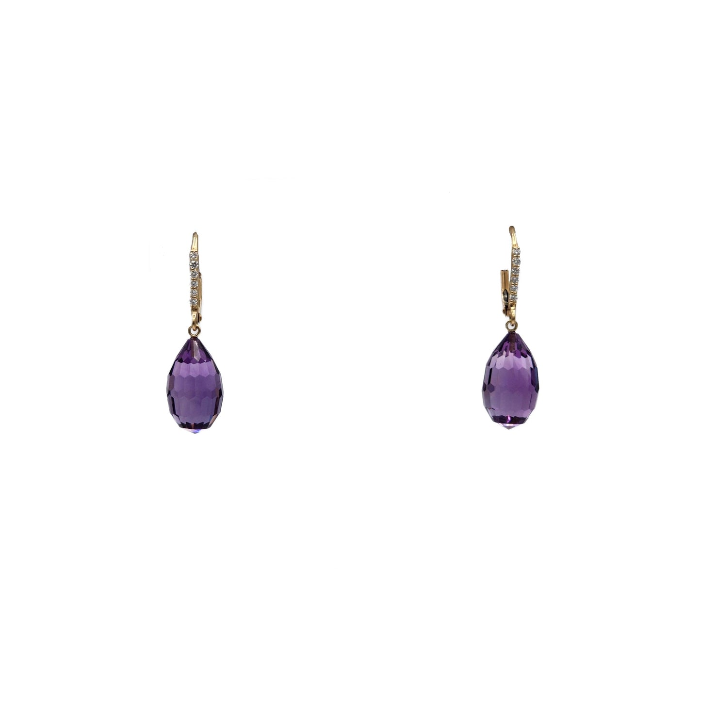 16.54 Carat Amethyst Briolette and Diamond Dangle Earrings in 14K Yellow Gold