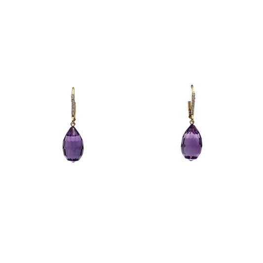 16.54 Carat Amethyst Briolette and Diamond Dangle Earrings in 14K Yellow Gold