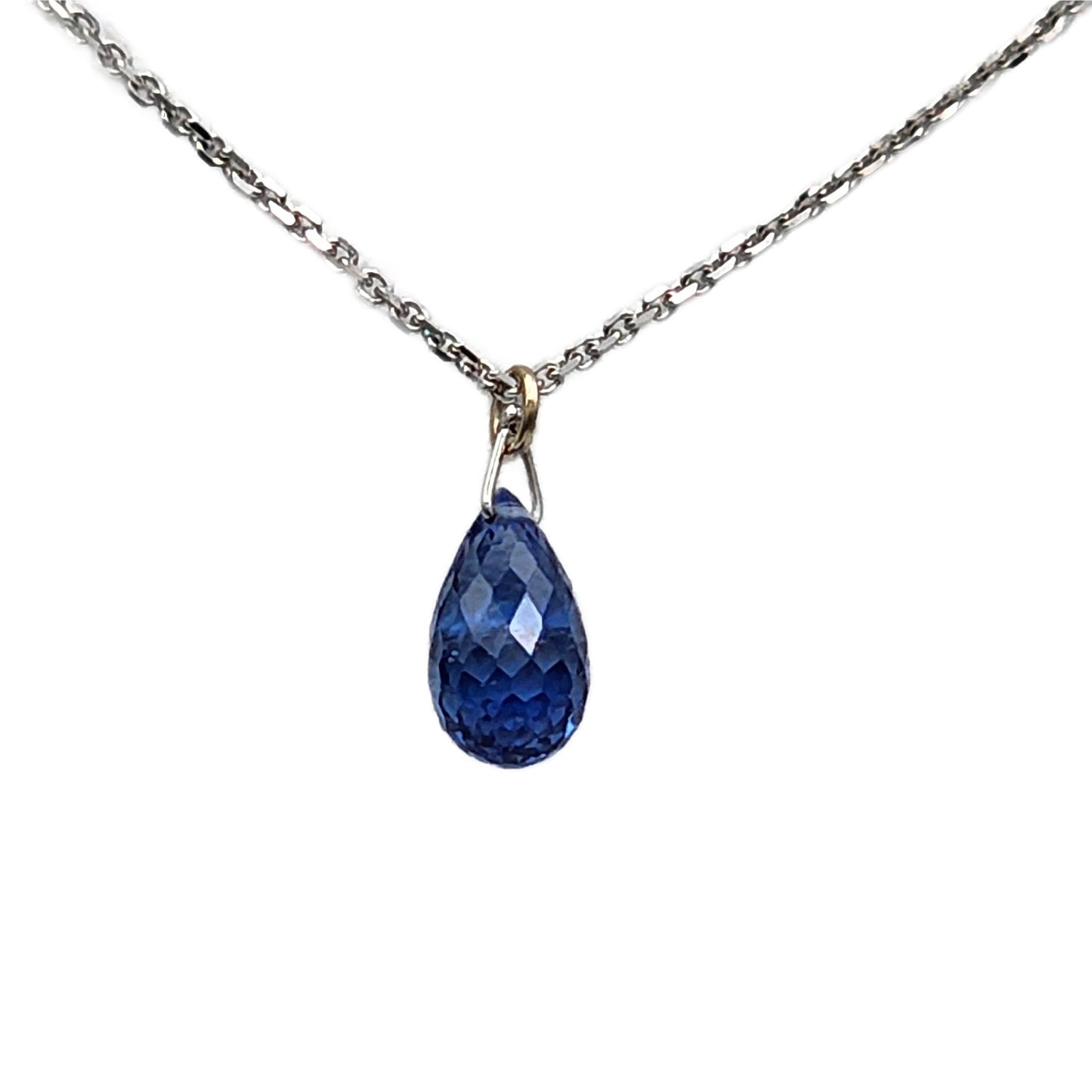 1 Carat Blue Sapphire Briolette Pendant on 14K White Gold Chain