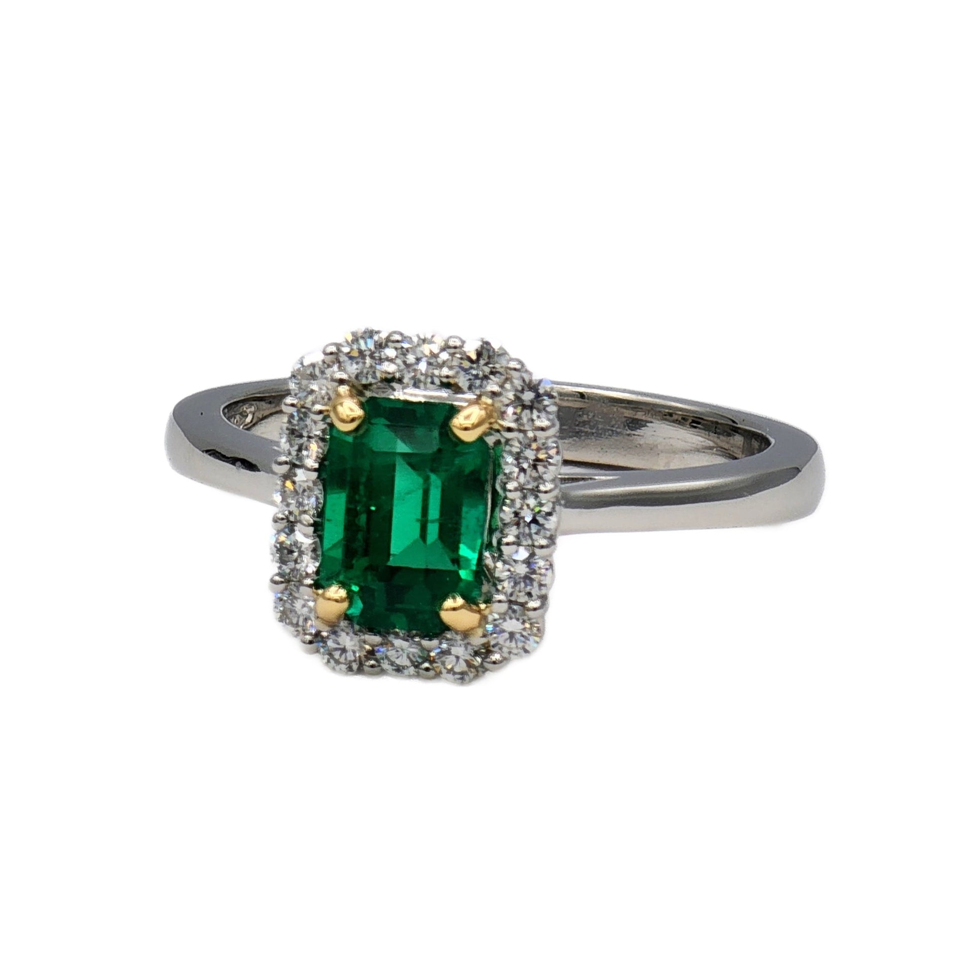 Platinum Emerald and Diamond Halo Ring