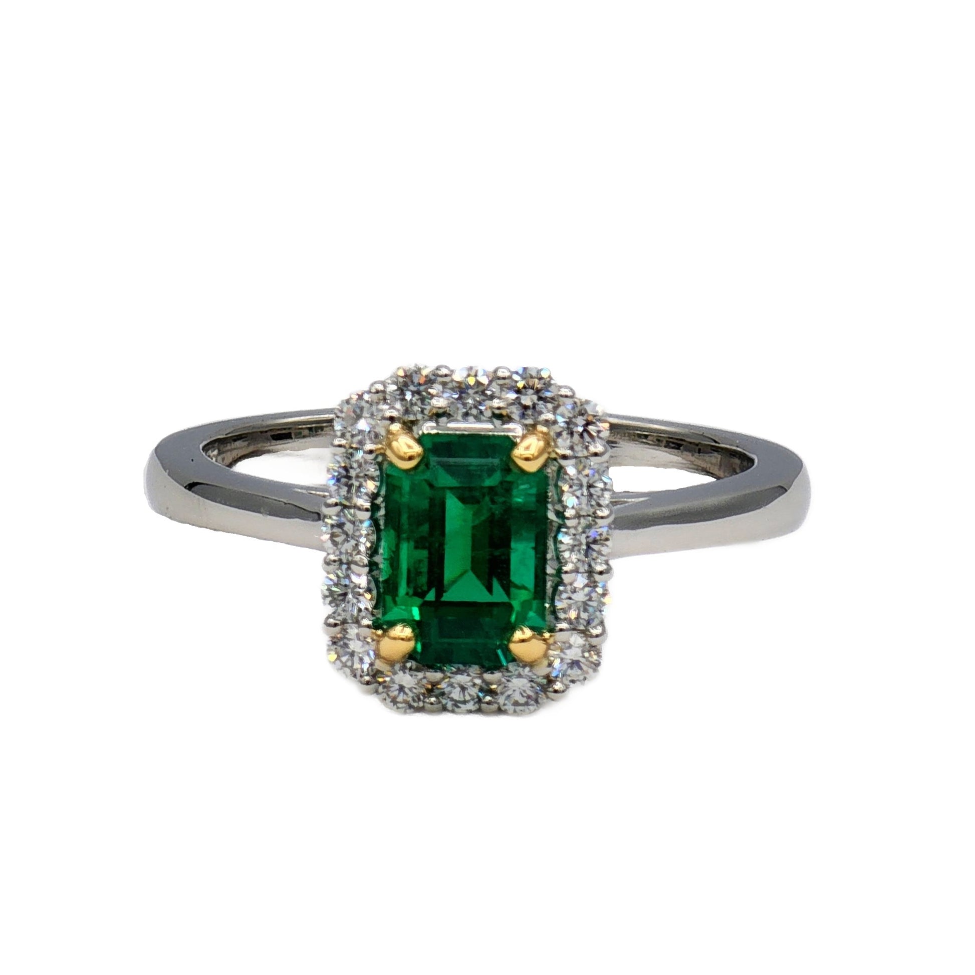 Platinum Emerald and Diamond Halo Ring