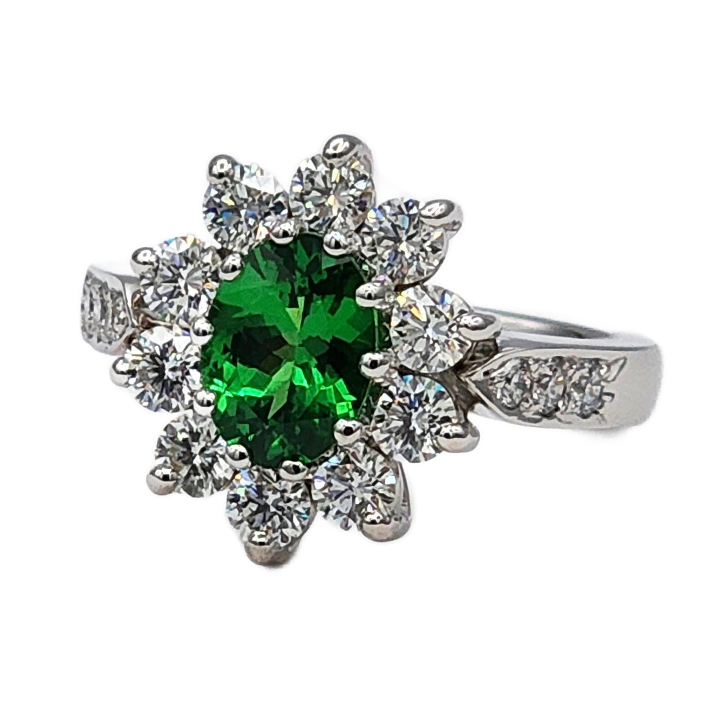 1.44 Carat Oval Tsavorite Garnet and 1.30 Carat Total Weight Diamond Ring in 18K White Gold