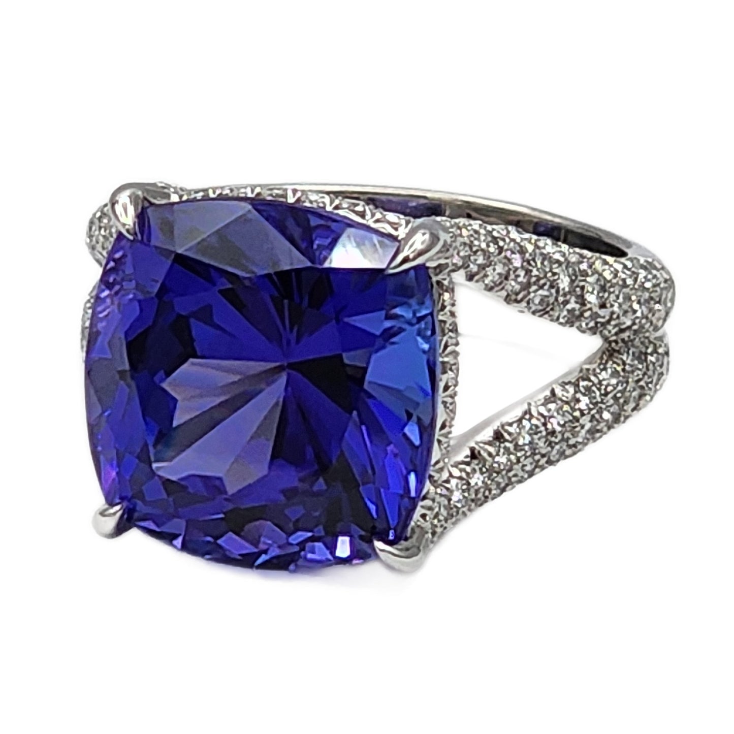 Platinum 10.20 Carat Cushion Cut Tanzanite and Diamond Ring