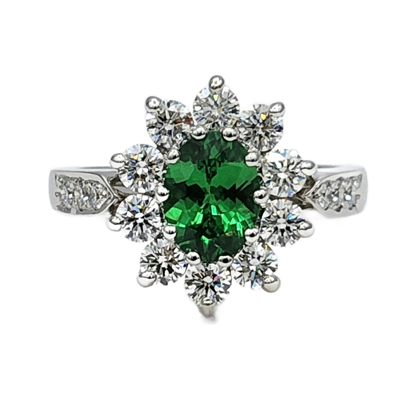 1.44 Carat Oval Tsavorite Garnet and 1.30 Carat Total Weight Diamond Ring in 18K White Gold