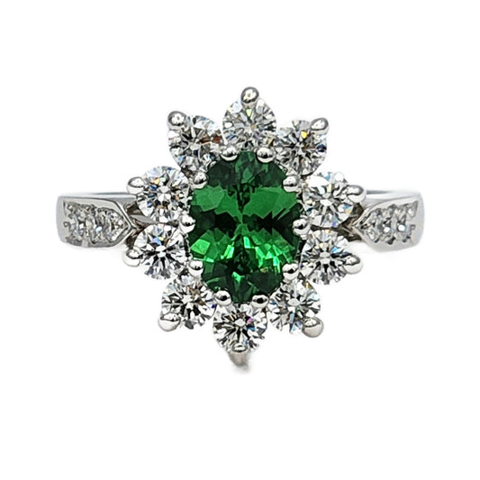 1.44 Carat Oval Tsavorite Garnet and 1.30 Carat Total Weight Diamond Ring in 18K White Gold